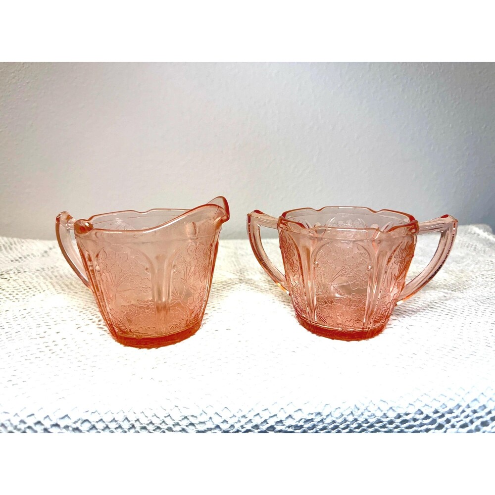 Vintage Jeannette Cherry Blossom Pink Depression Glass Creamer Sugar Bowl Set